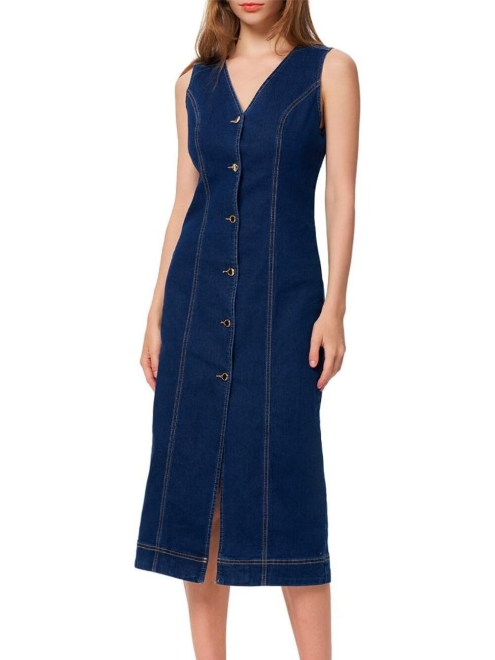 Stylish Denim Midi Dress for Women - Sleeveless V-Neck, Button Down, Fitted